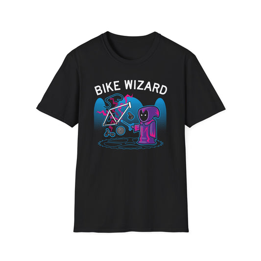 Bike Wizard with Text T‑Shirt — Cute Neon Bicycle Mage Graphic Tee