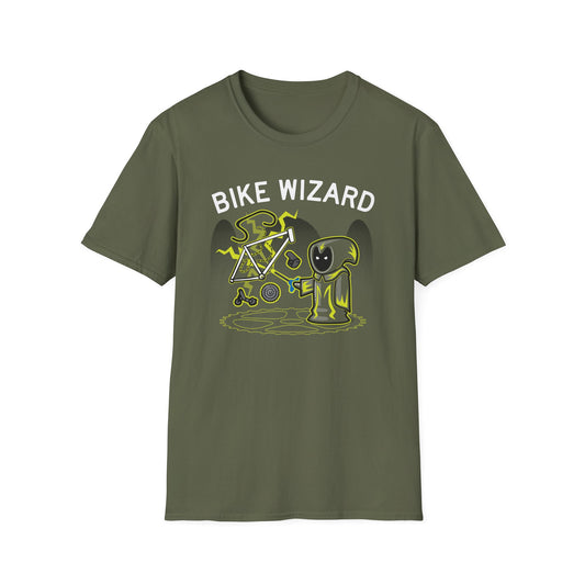 Bike Wizard with Text T‑Shirt — Cute Neon Bicycle Mage Graphic Tee